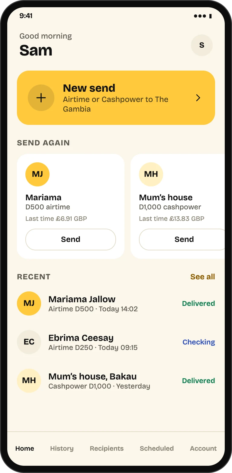 PaySakute home screen with a New send button, Send again cards for a recent airtime and Cashpower purchase, and a list of recent orders with their delivery status.