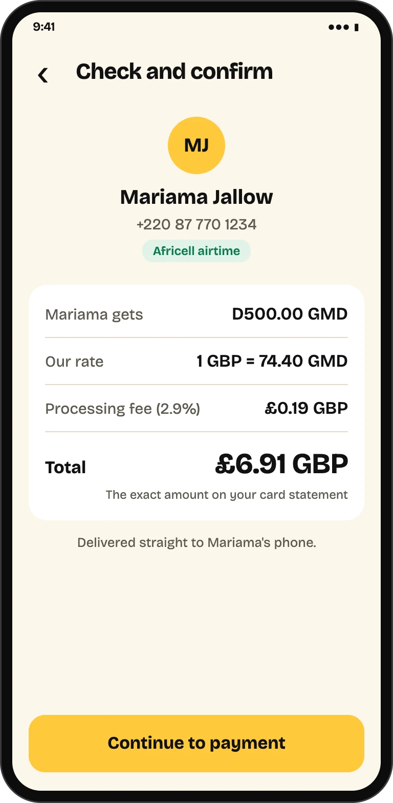 Check and confirm for an airtime send, listing what the recipient gets, our exchange rate, the processing fee and the total charged to the card.