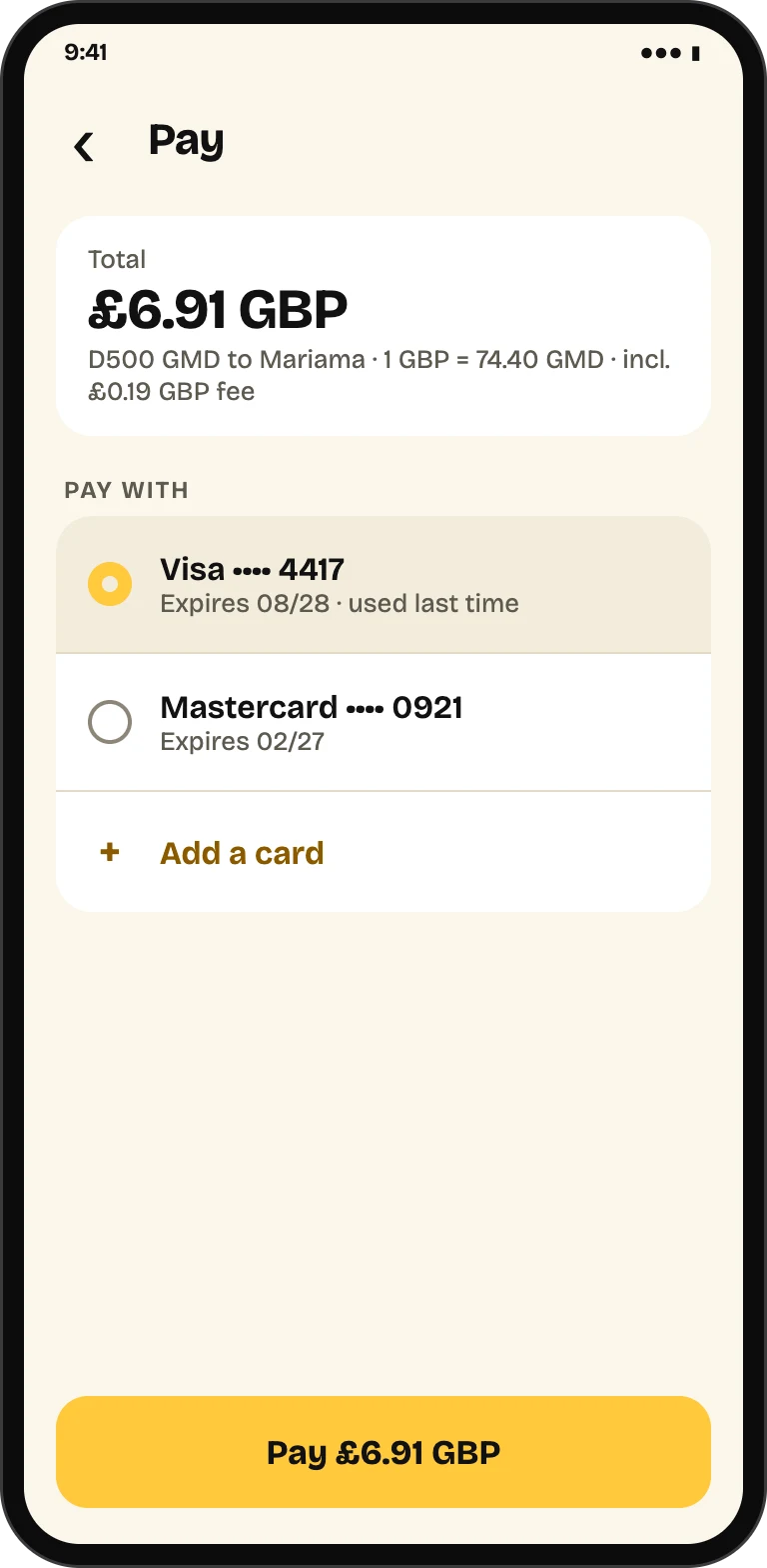 The payment screen with the total at the top, saved Visa and Mastercard cards, and an option to add a card.