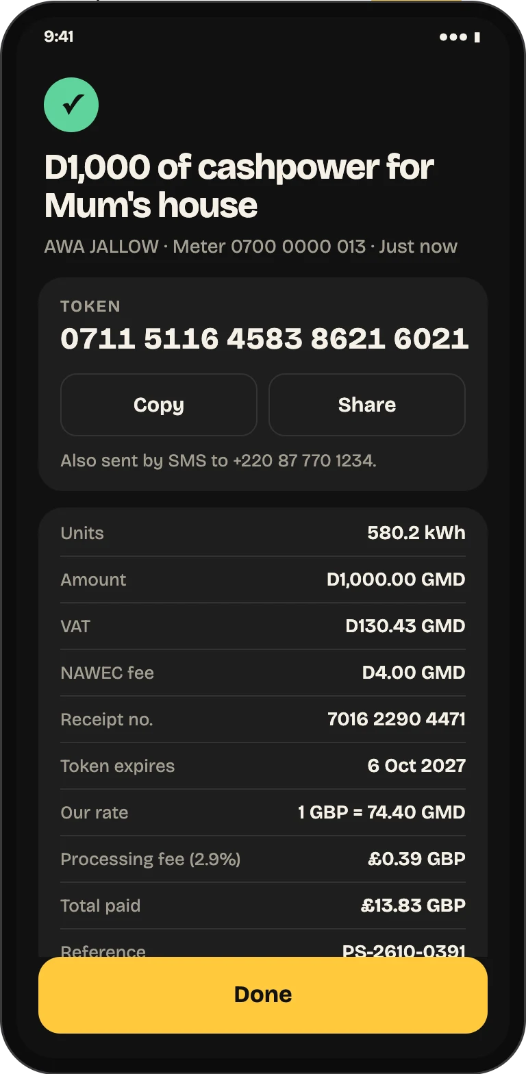 A Cashpower receipt with the NAWEC token number, Copy and Share buttons, and the units, VAT, NAWEC fee and receipt number.