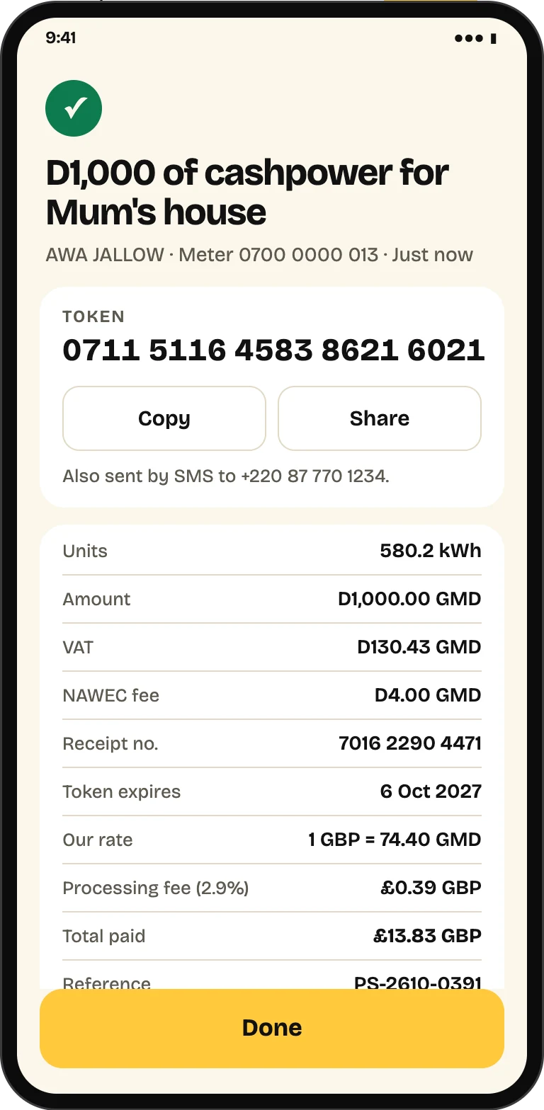 A Cashpower receipt with the NAWEC token number, Copy and Share buttons, and the units, VAT, NAWEC fee and receipt number.