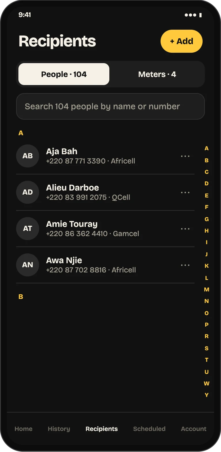 The Recipients tab with saved people and saved NAWEC meters, searchable by name or number.
