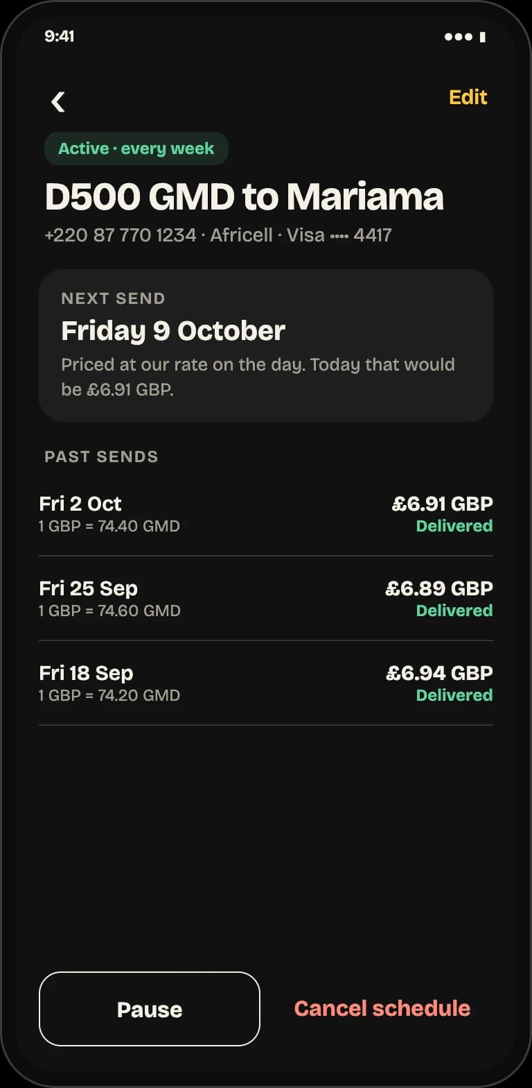 A weekly scheduled airtime send, showing the next send date, past sends and controls to pause or cancel the schedule.